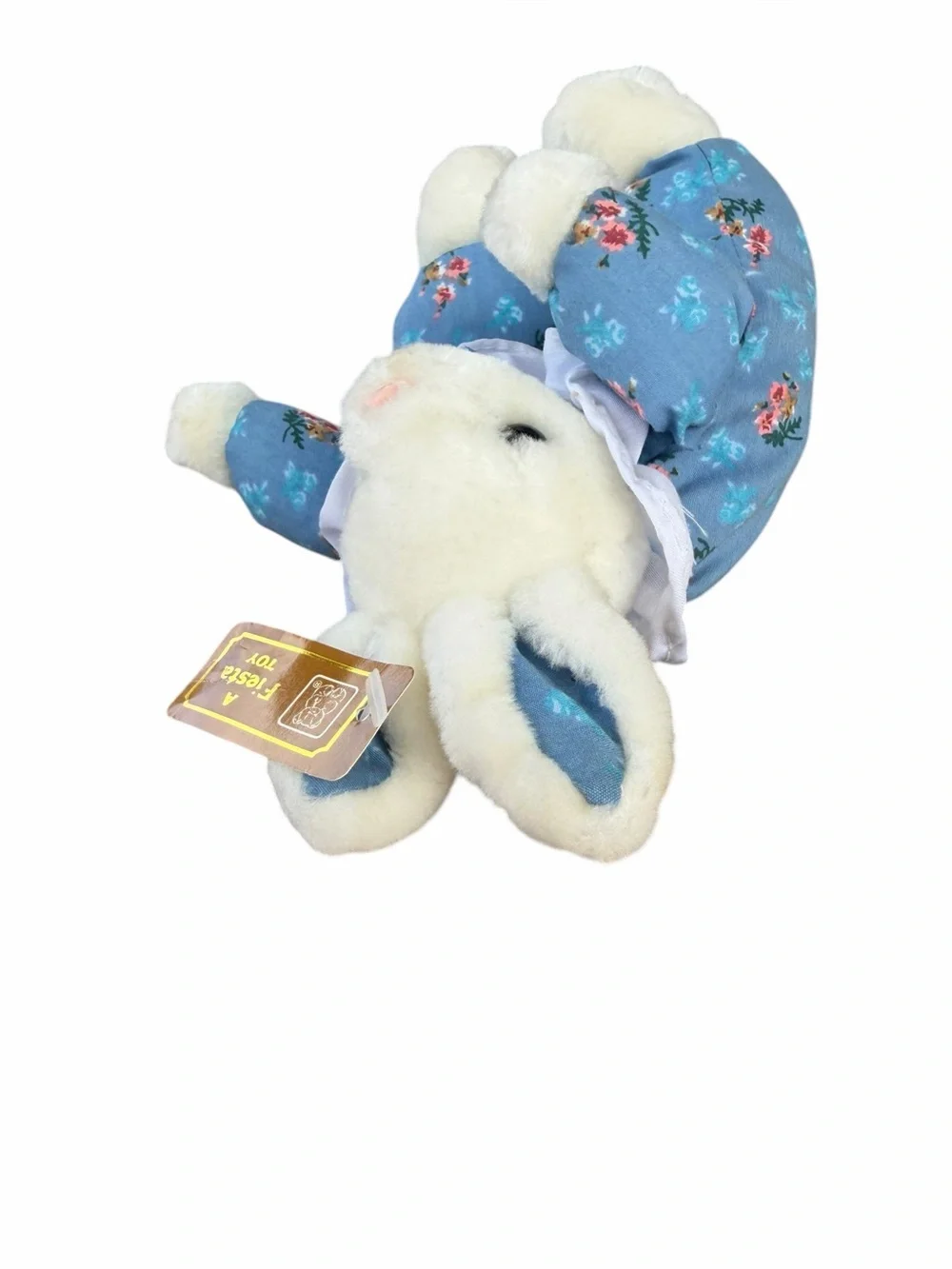 VTG Fiesta 8” Plush White Country Bunny Stuffed Animal Blue Floral Romper NOS